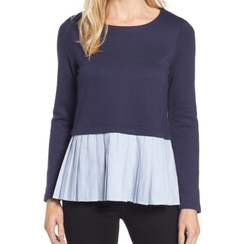 Nordstrom Navy Sweater w/ Stripe Pleat Hem